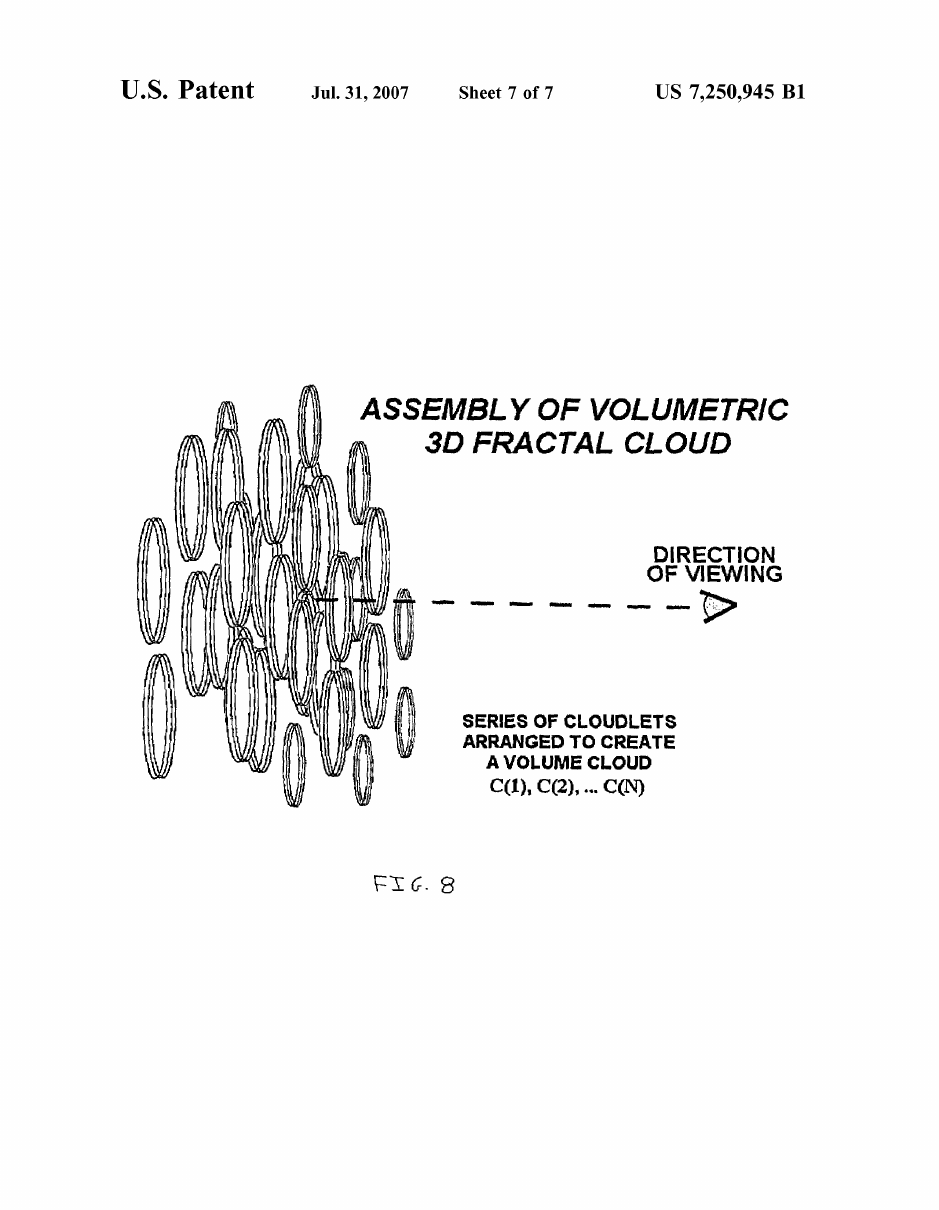 Patent Figure 8 showing the assembly of a volumetric 3D fractal cloud from a series of cloudlets